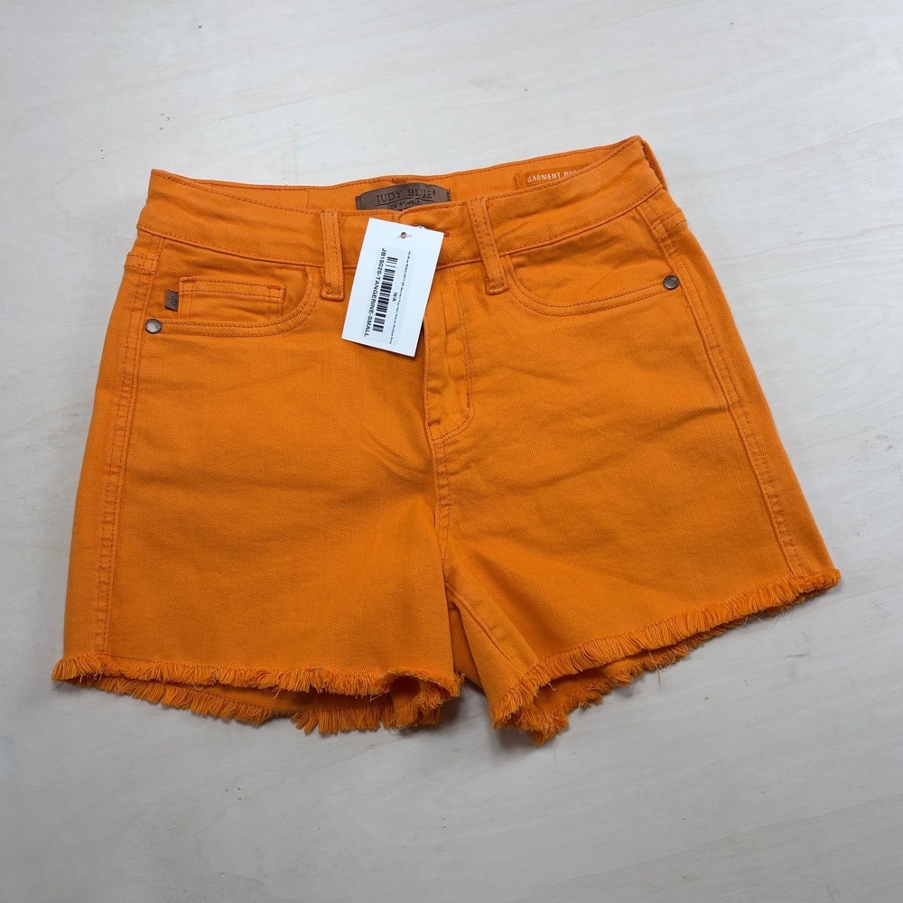 Judy Blue Tangerine Orange Frayed Hem Denim Shorts JB15025 Small
